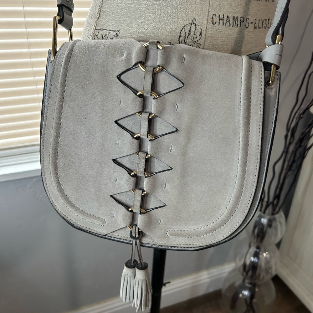 Vince Camuto Ancel Flap crossbody bag in gray suede leather. - Picture 2 of 11